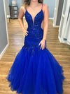 Mermaid V-neck Tulle Prom Dresses With Appliques #Milly020125989