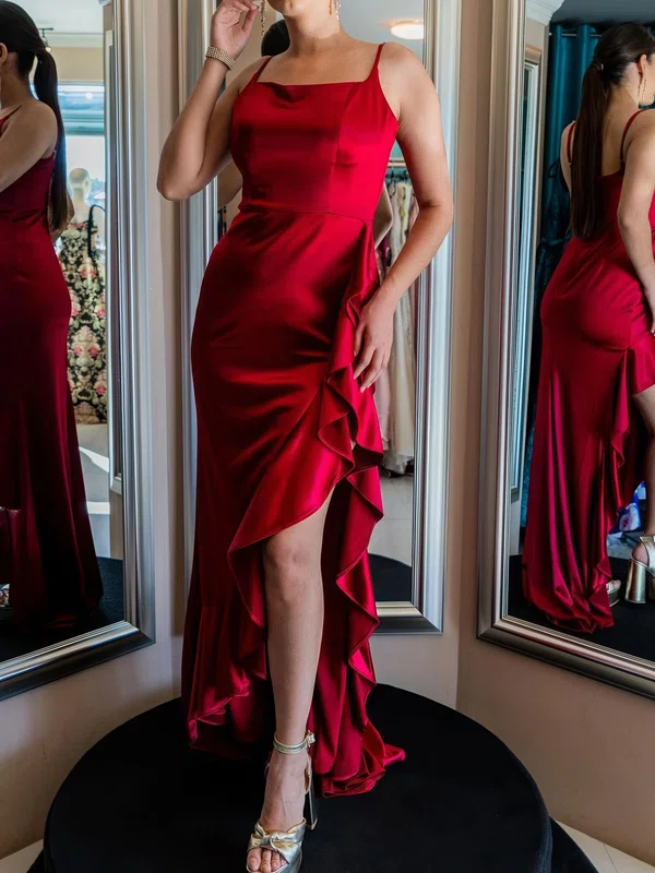 Sheath/Column Square Neck Satin Ruffle Prom Dresses #Milly020125990