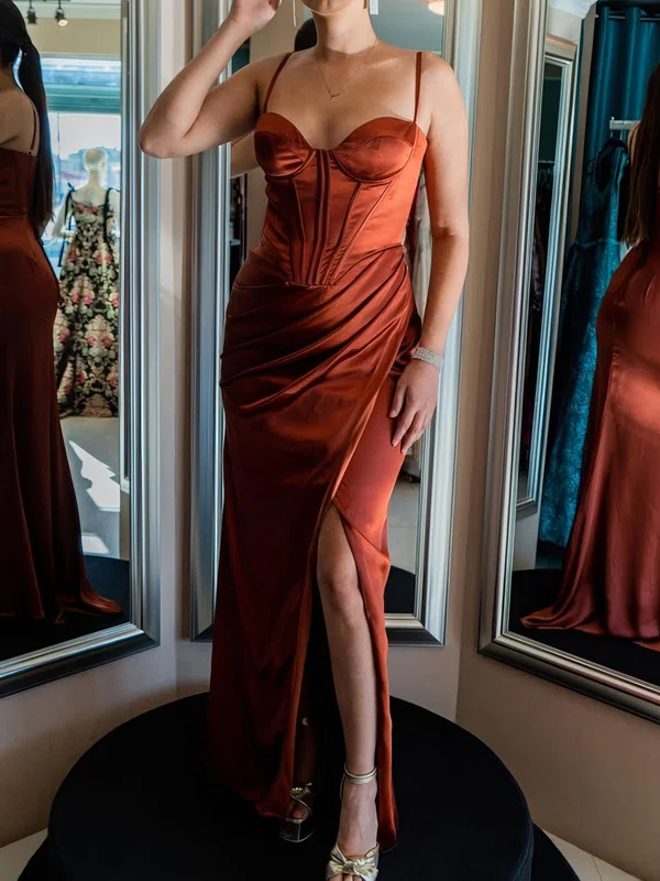 Sheath/Column Sweetheart Satin Corset Prom Dresses With Ruched #Milly020125992