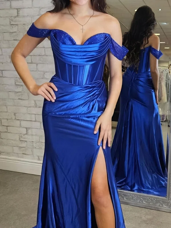 Mermaid Off-the-shoulder Satin Corset Prom Dresses With Ruched #Milly020125997