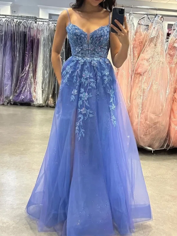 A-line V-neck Tulle Prom Dresses With Appliques #Milly020125998