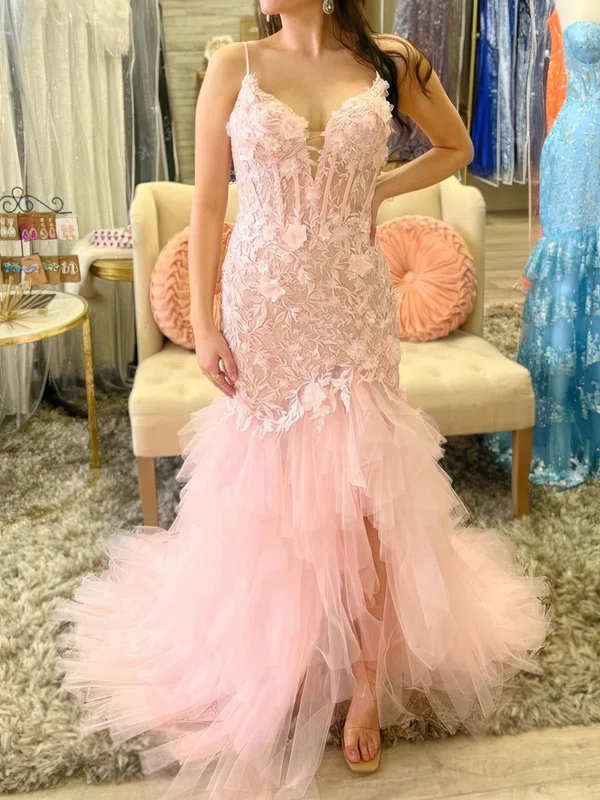 Mermaid V-neck Tulle Ruffle Tiered Prom Dresses With Appliques #Milly020125999