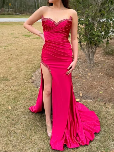 Sheath/Column Strapless Satin Prom Dresses With Ruched #Milly020126001