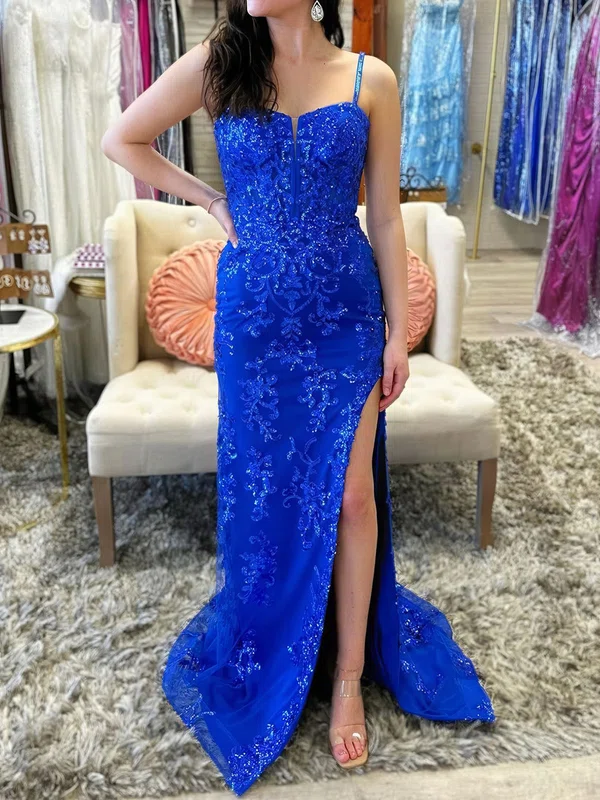 Glitter Sheath/Column Tulle Appliques Split Prom Dresses #Milly020126003