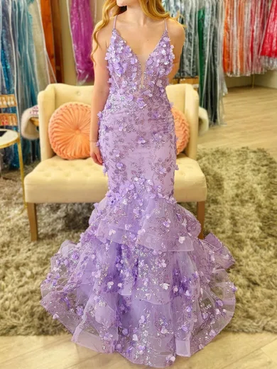 Mermaid V-neck Sequin Tiered Prom Dresses With 3D Floral #Milly020126005