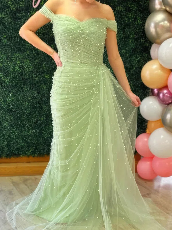 Sheath/Column Off-the-shoulder Tulle Beaded Prom Dresses With Ruched #Milly020126006