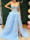 Ball Gown V-neck Tulle Ruffle Tiered Prom Dresses With Appliques #Milly020126007