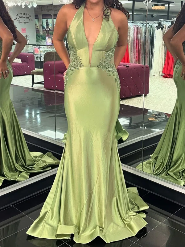 Mermaid Halter Stretch Crepe Prom Dresses With Appliques #Milly020126010