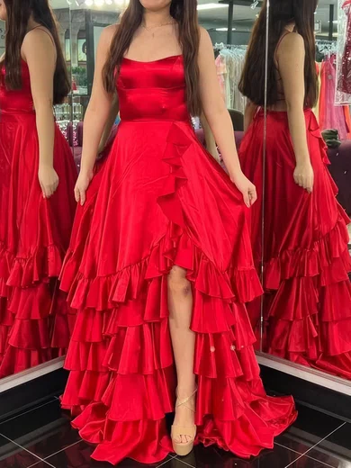 Red A-line Scoop Neck Satin Ruffle Tiered Prom Dresses #Milly020126016
