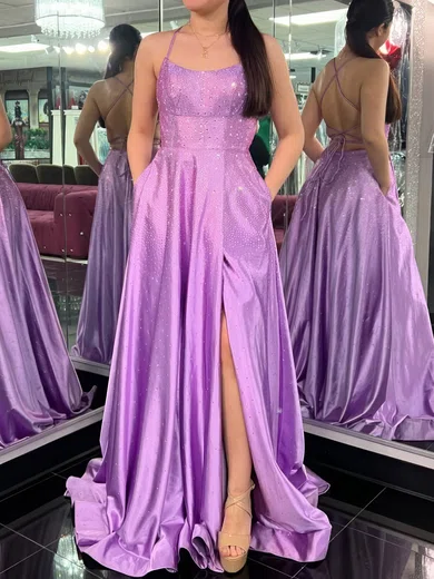 A-line Scoop Neck Satin Beaded Prom Dresses #Milly020126022