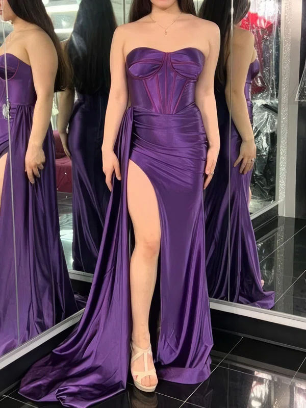 Sheath/Column Strapless Satin Corset Prom Dresses With Ruched #Milly020126024