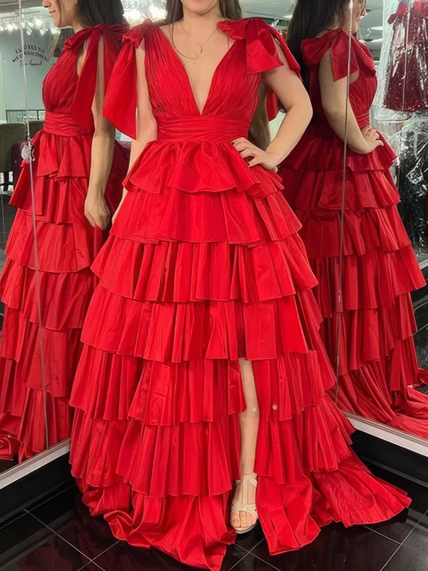 Red Ball Gown V-neck Taffeta Ruffle Tiered Prom Dresses #Milly020126029