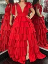 Red Ball Gown V-neck Taffeta Ruffle Tiered Prom Dresses #Milly020126029