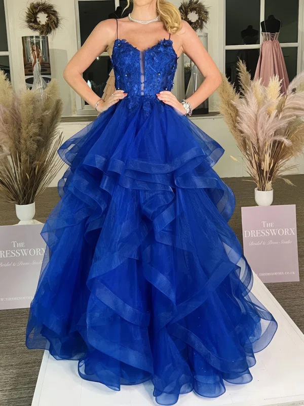 Princess V-neck Tulle Ruffle Prom Dresses With Appliques #Milly020126039