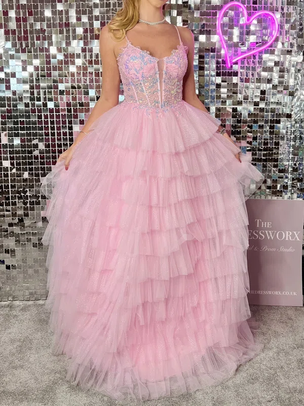 Ball Gown Scoop Neck Tulle Ruffle Tiered Prom Dresses With Appliques #Milly020126045