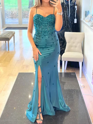 Sheath/Column Sweetheart Satin 3D Floral Prom Dresses With Beading #Milly020126054