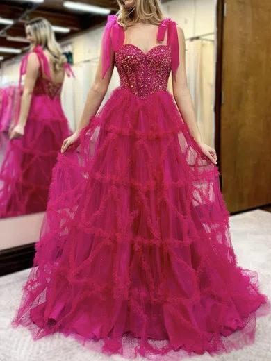 A-line Sweetheart Tulle Ruffle Corset Prom Dresses With Beading #Milly020126057