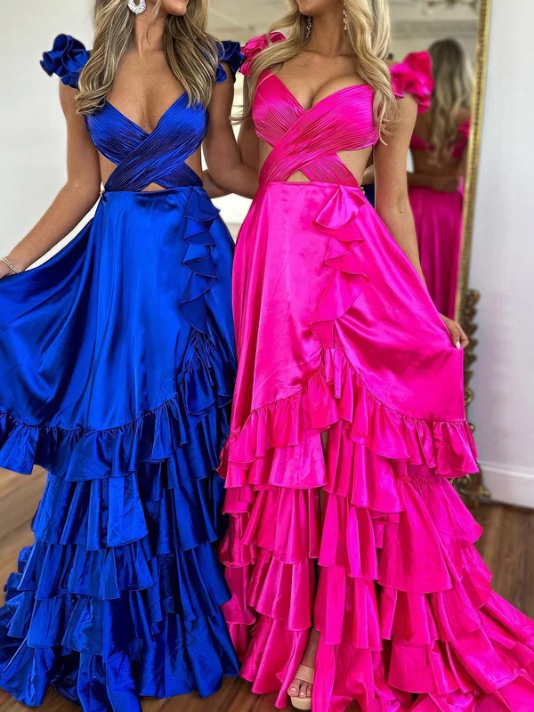 Unique A-line Satin V-neck Cut Out Ruffle Prom Dresses #Milly020126058