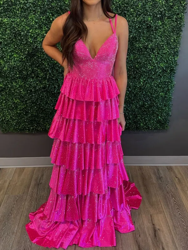 Ball Gown V-neck Satin Tiered Prom Dresses With Beading #Milly020126063