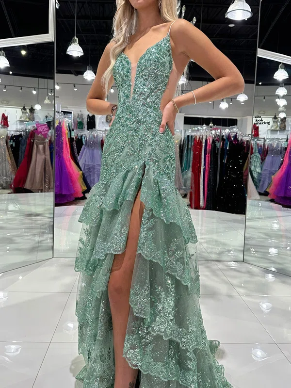 Mermaid V-neck Tulle Tiered Prom Dresses With Appliques #Milly020126070
