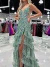 Mermaid V-neck Tulle Tiered Prom Dresses With Appliques #Milly020126070
