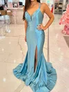Mermaid V-neck Satin Prom Dresses With Split #Milly020126077