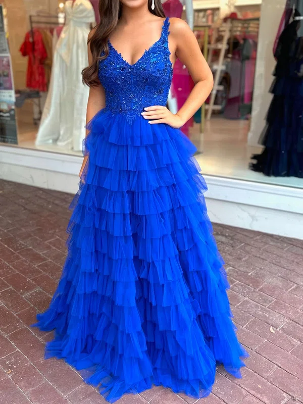 Ball Gown V-neck Tulle Ruffle Tiered Prom Dresses With Appliques #Milly020126088