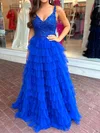 Ball Gown V-neck Tulle Ruffle Tiered Prom Dresses With Appliques #Milly020126088