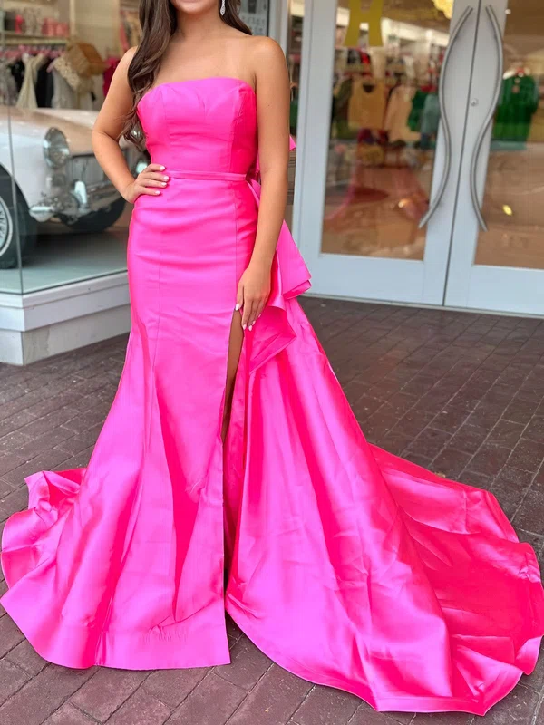Sheath/Column Strapless Satin Prom Dresses With Bow #Milly020126091