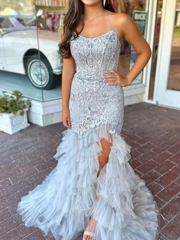 Mermaid Scoop Neck Tulle Ruffle Tiered Prom Dresses With Appliques #Milly020126096