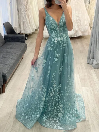 A-line V-neck Tulle Prom Dresses With Appliques #Milly020126098