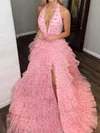 Ball Gown Halter Tulle Floral Ruffle Tiered Prom Dresses #Milly020126114