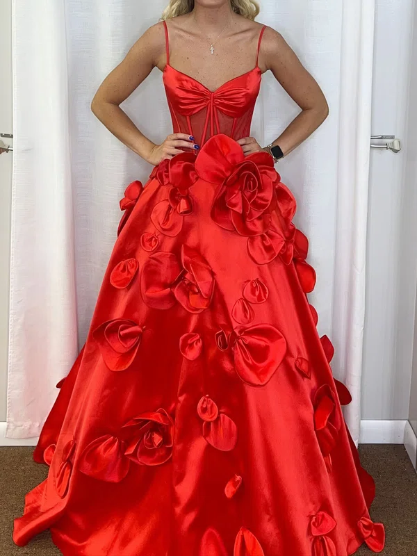 Red Ball Gown V-neck Satin 3D Floral Prom Dresses #Milly020126130