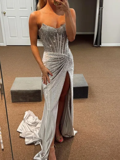 Sheath/Column Strapless Satin Beaded Prom Dresses With Ruched #Milly020126135