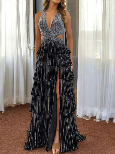 Ball Gown Halter Satin Tiered Prom Dresses With Beading #Milly020126152