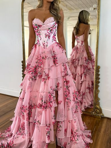 Cute Ball Gown/Princess Chiffon Satin Tiered Floral Prom Dresses #Milly020126156