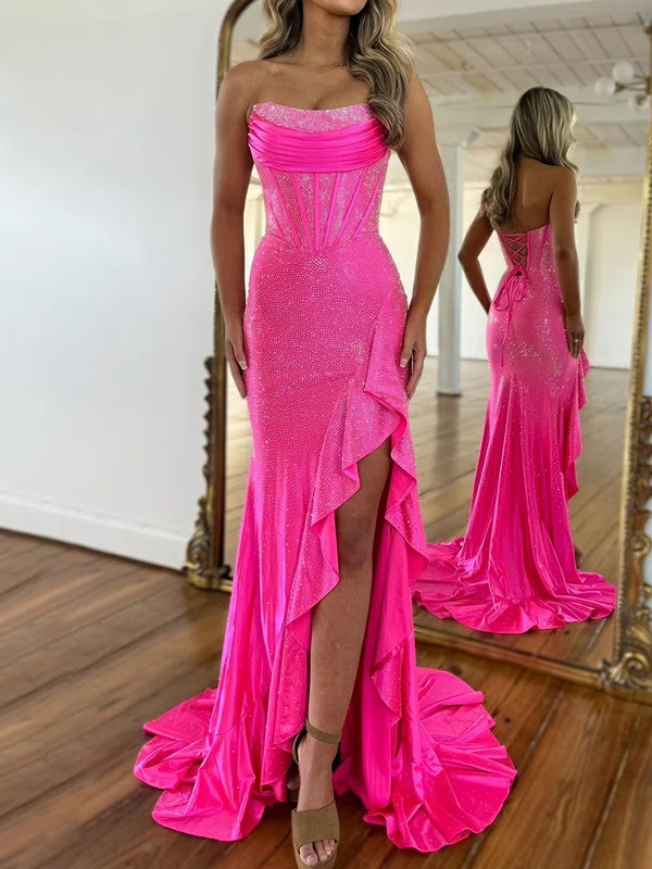 Glitter Sheath/Column Satin Straight Beaded Ruffle Prom Dresses #Milly020126157