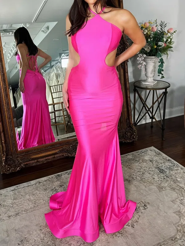 Elegant Trumpet/Mermaid Satin Halter Cut Out Ruched Prom Dresses #Milly020126177