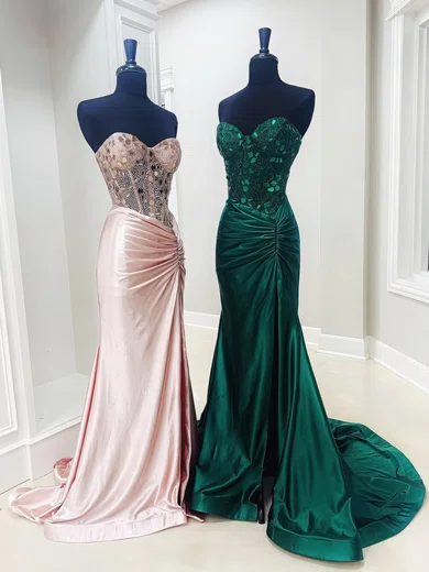 Sheath/Column Strapless Satin Corset Prom Dresses With Beading #Milly020126189
