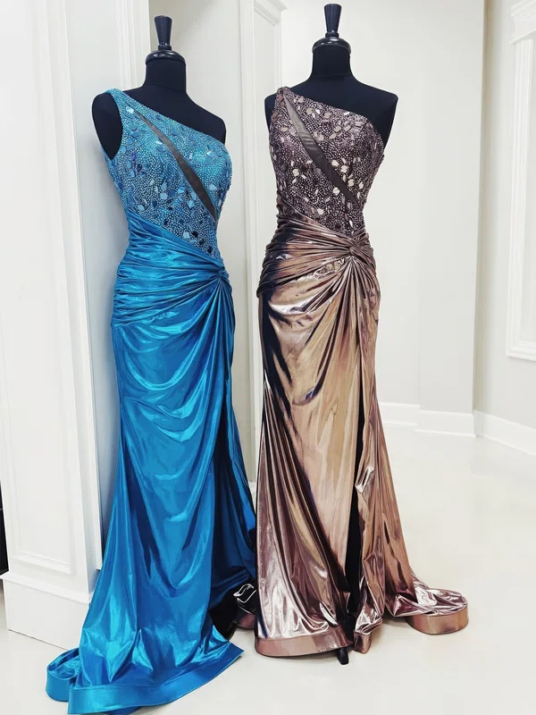 Sheath/Column One Shoulder Metallic Prom Dresses With Beading #Milly020126190