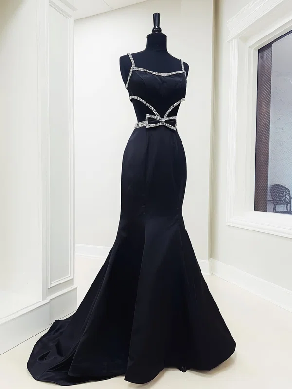 Unique Black Satin Trumpet/Mermaid Square Neck Beaded Prom Dresses #Milly020126193