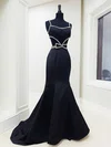 Unique Black Satin Trumpet/Mermaid Square Neck Beaded Prom Dresses #Milly020126193