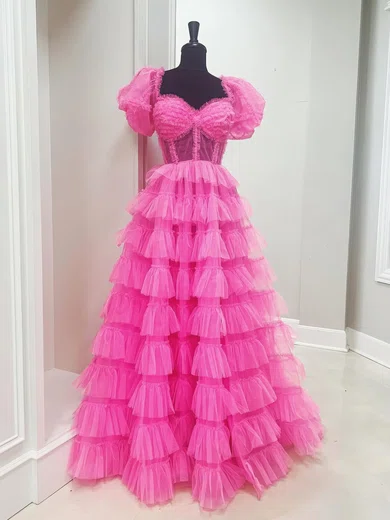 Ball Gown Sweetheart Tulle Puff Sleeve Ruffle Tiered Prom Dresses #Milly020126197