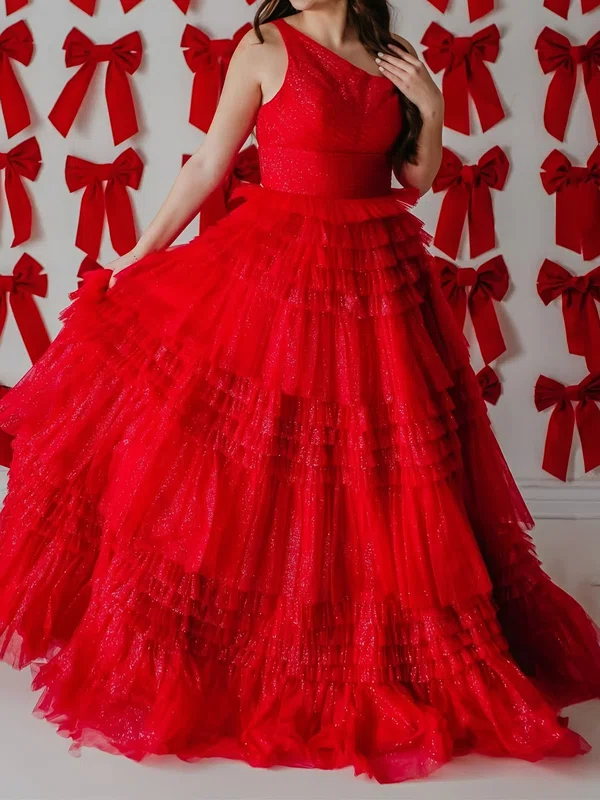 Ball Gown One Shoulder Tulle Ruffle Tiered Prom Dresses #Milly020126200