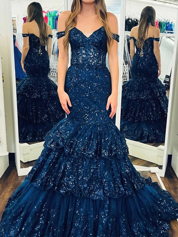 Mermaid Off-the-shoulder Tulle Tiered Prom Dresses With Appliques #Milly020126216