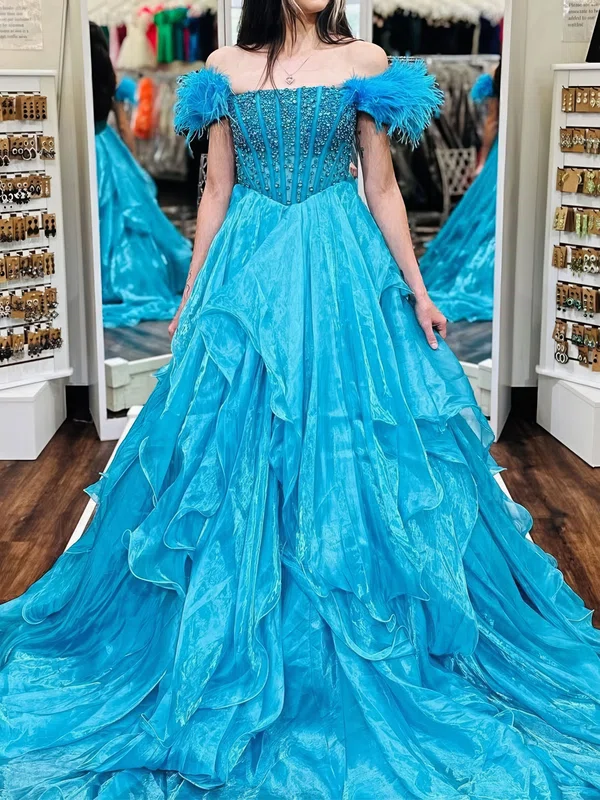 Ball Gown Off-the-shoulder Tulle Tiered Prom Dresses With Feather #Milly020126217