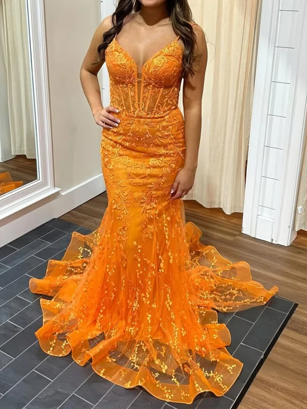 Mermaid V-neck Tulle Prom Dresses With Appliques #Milly020126229