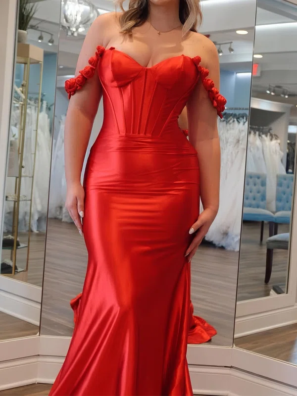 Corset Red Satin Trumpet/Mermaid Floral Prom Dresses #Milly020126233
