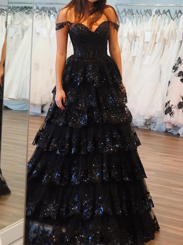 Ball Gown Off-the-shoulder Tulle Tiered Prom Dresses With Appliques #Milly020126236