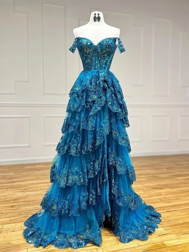 Ball Gown Off-the-shoulder Tulle Tiered Prom Dresses With Appliques #Milly020126244